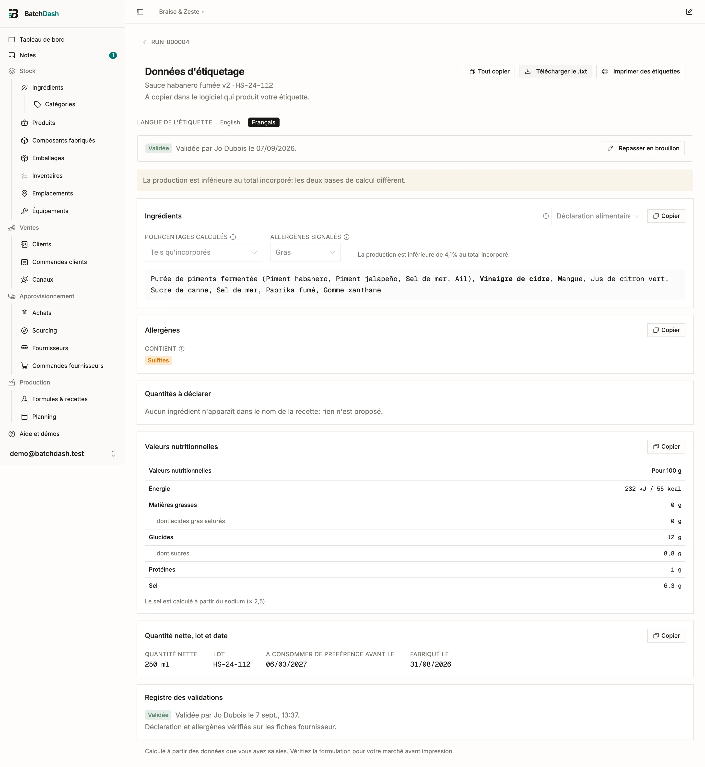 La page de données d’étiquetage et son sélecteur de langue