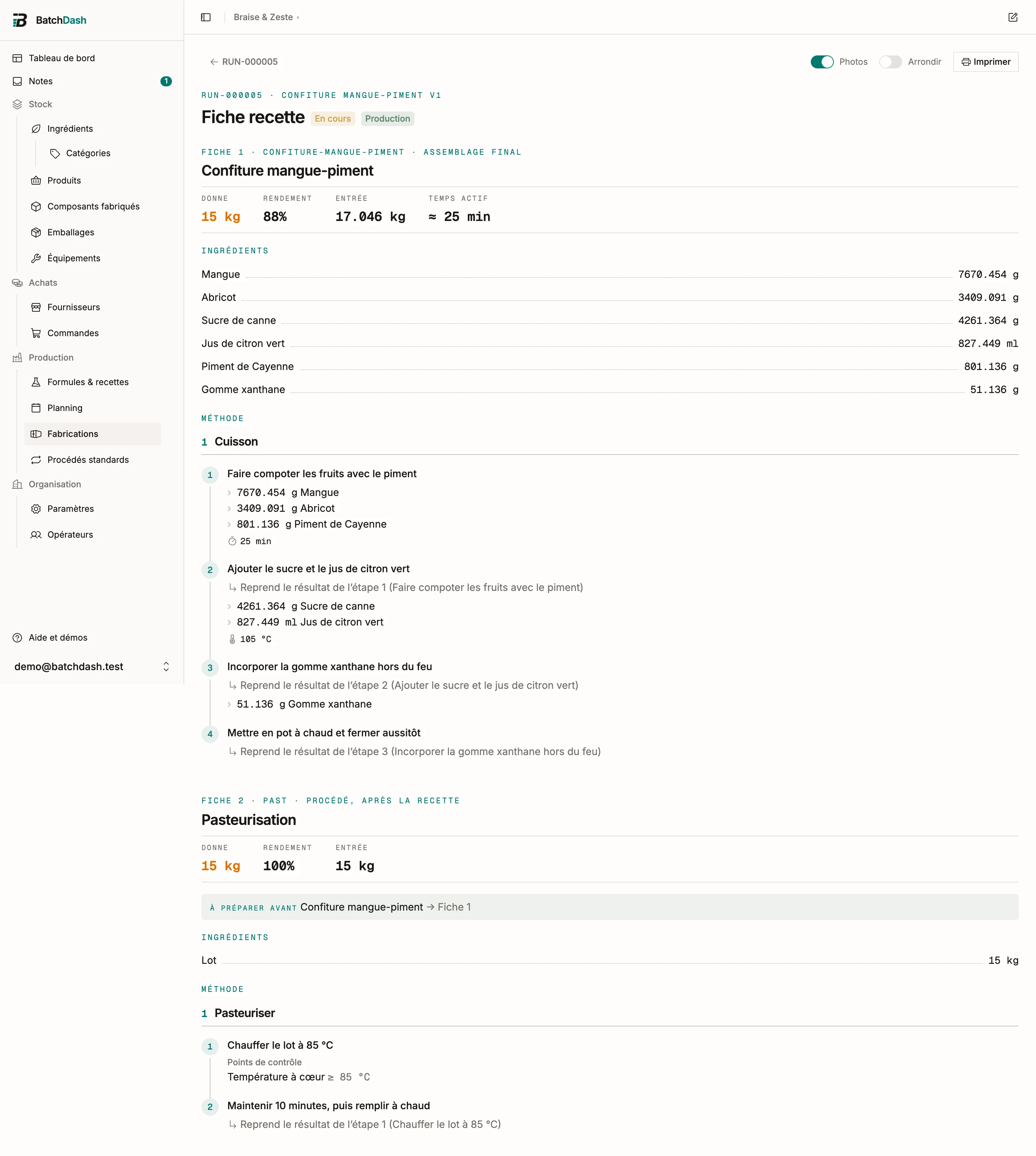 Une fiche de fabrication qui se termine par la fiche du procédé de pasteurisation