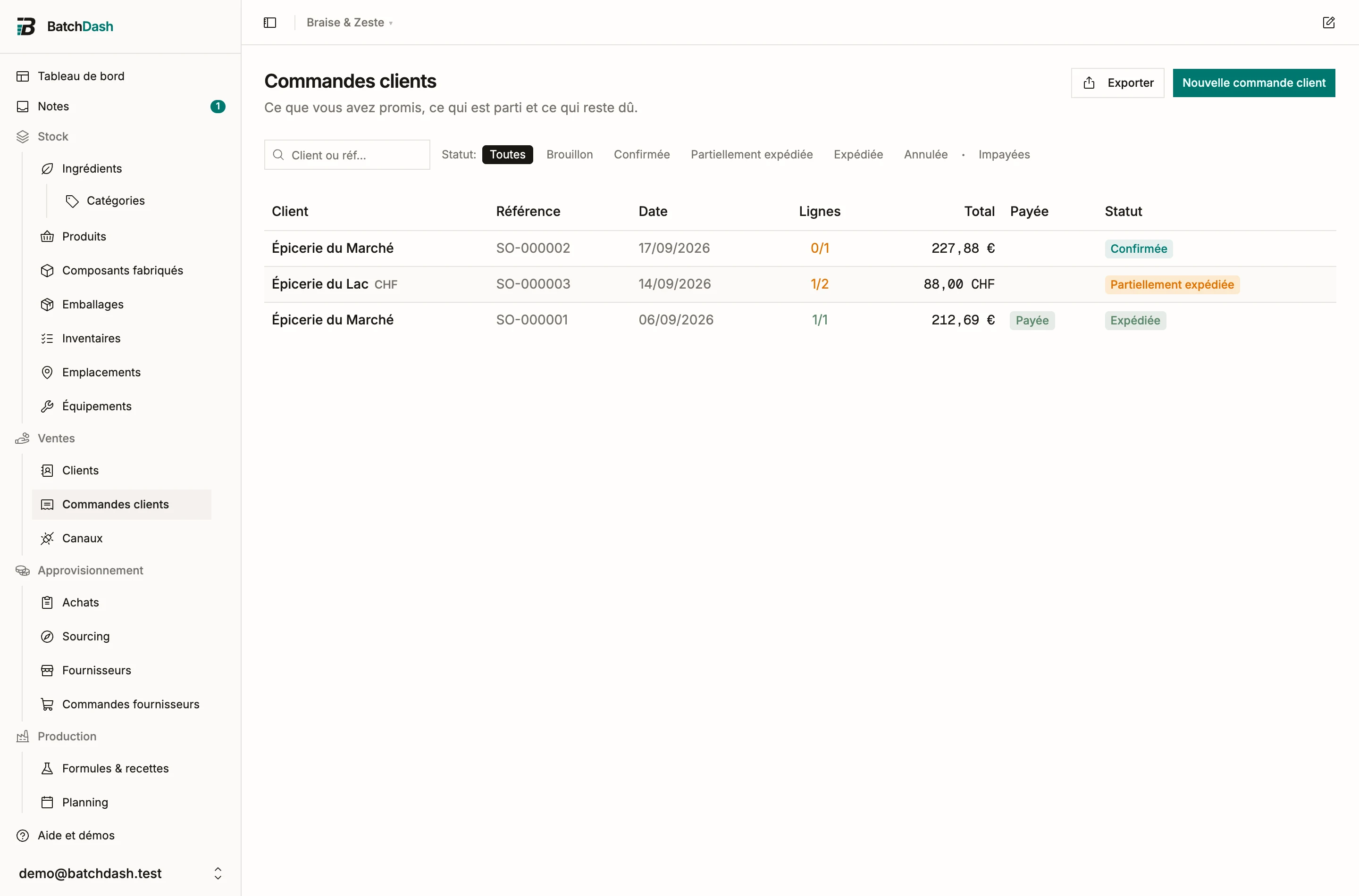 La liste des commandes clients avec ses filtres