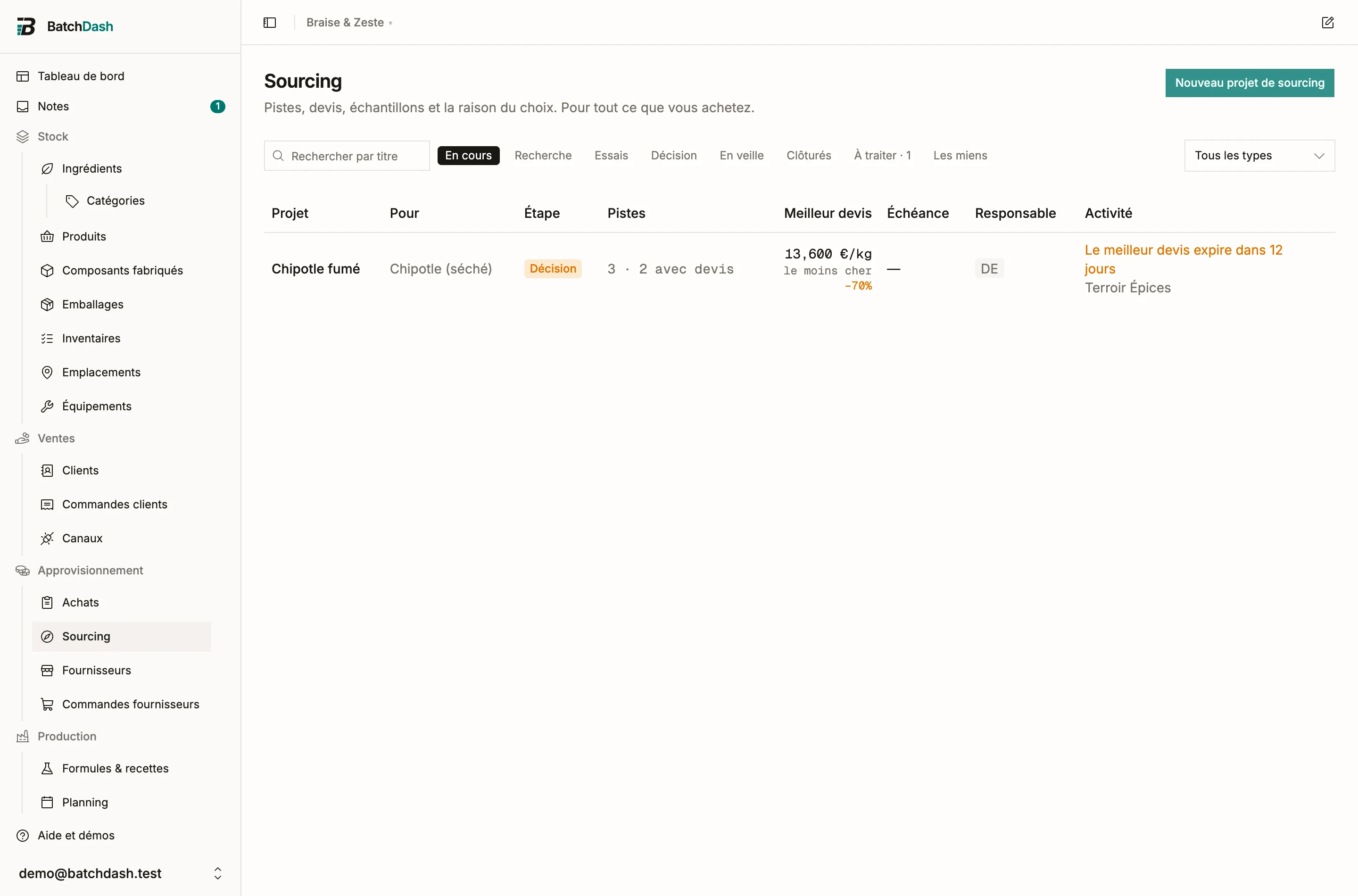 La page Sourcing: une recherche ouverte en Décision, son meilleur devis face au coût du jour, et le filtre À traiter