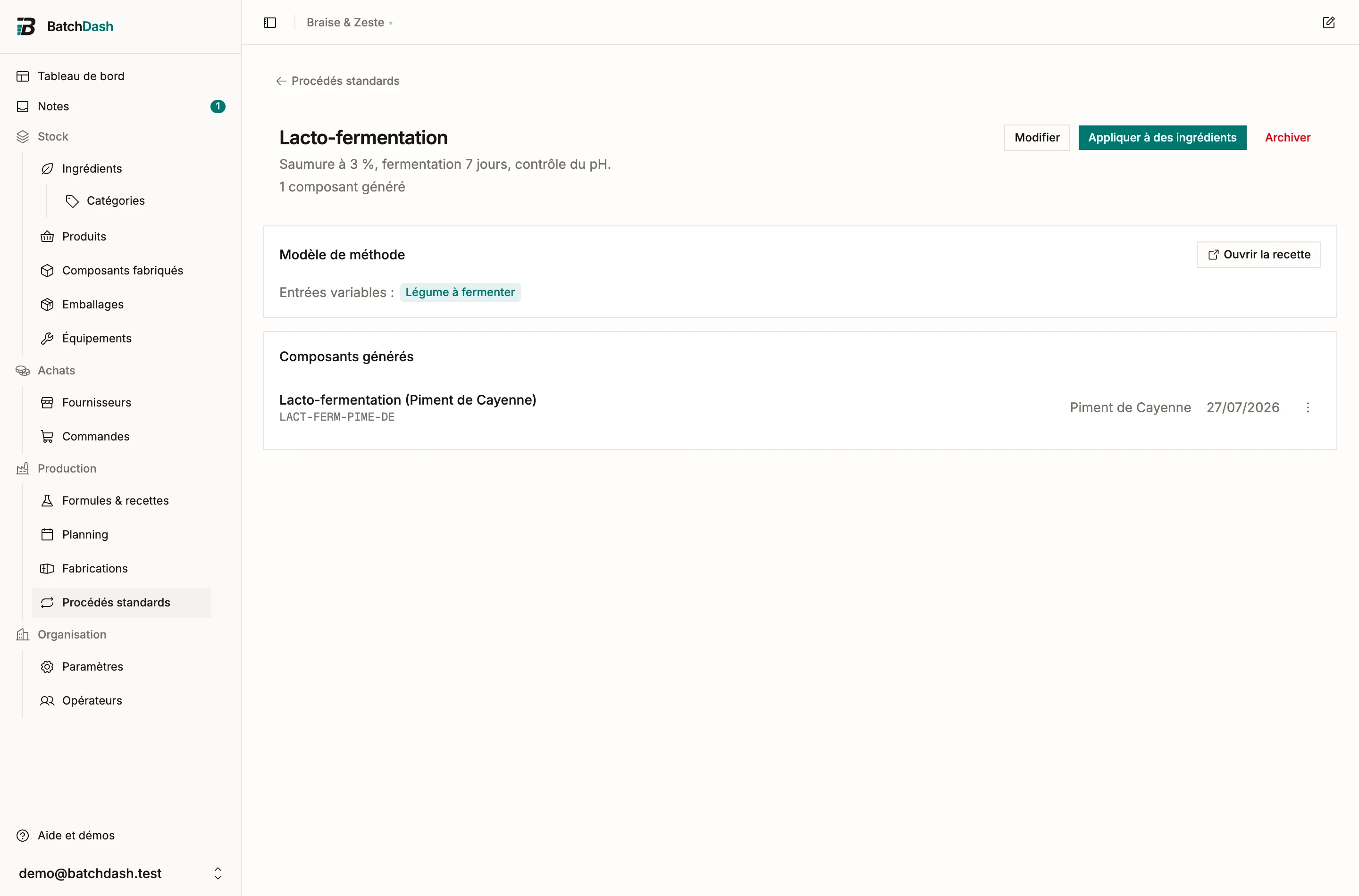 Une page de procédé standard avec son modèle et ses composants générés